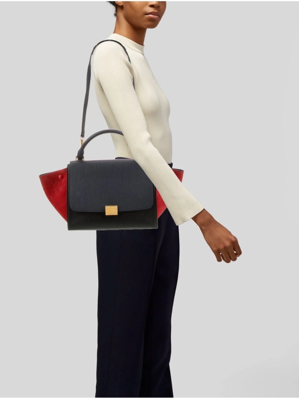 Celine Tricolor Trapeze Satchel in Black, Navy & Red /Size Small